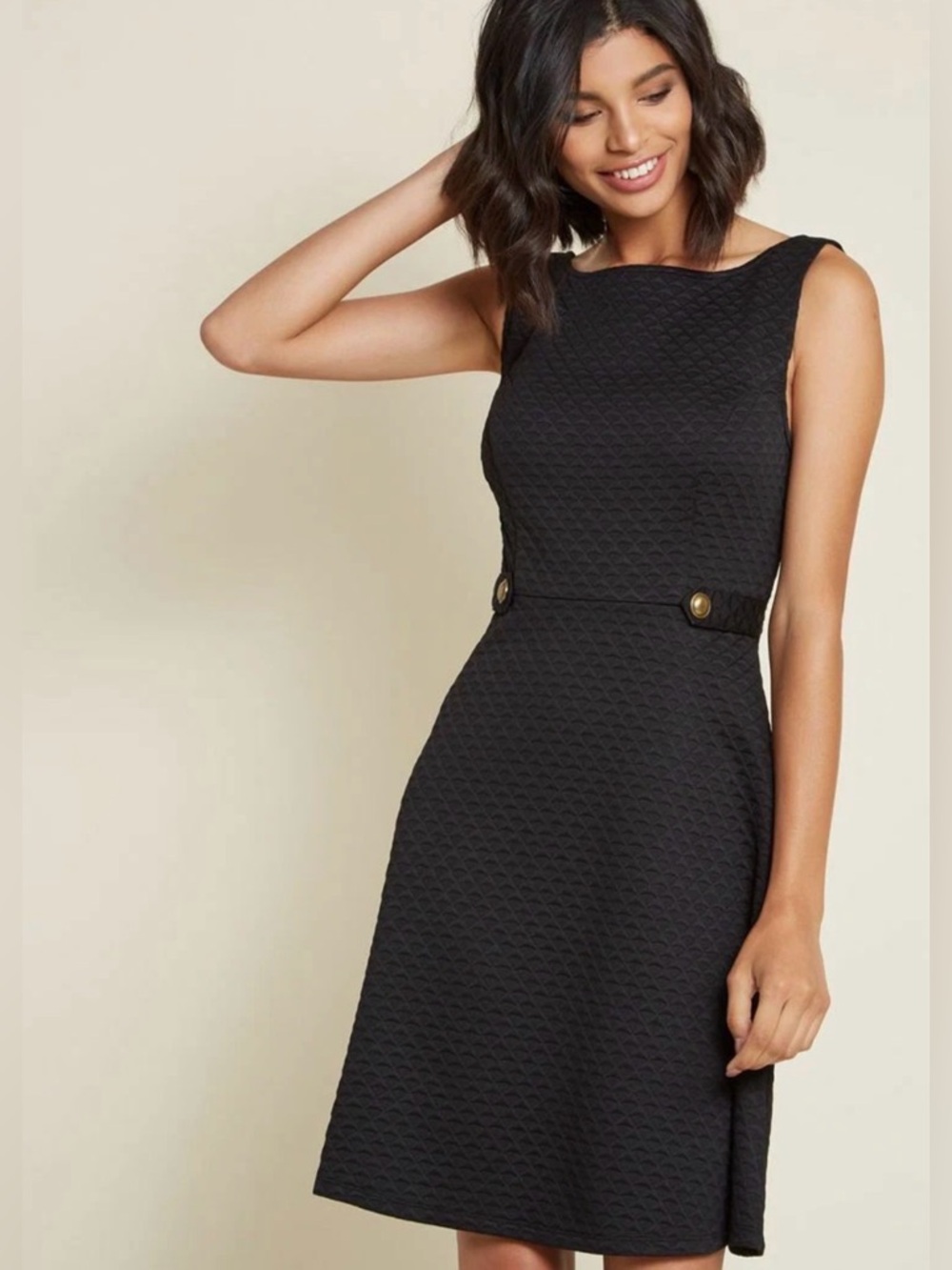 Modcloth Black Signature Sixties 60s A-Line Dress, Retro, Knee Length, Medium